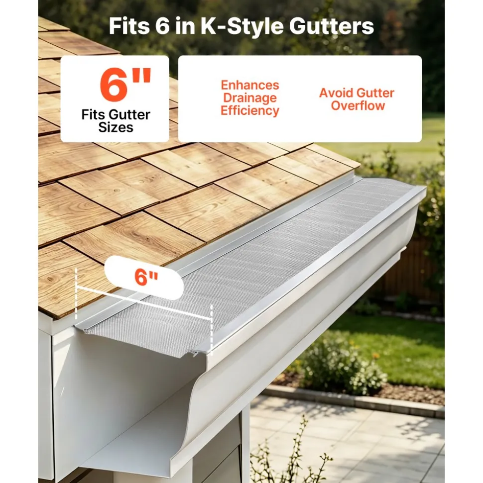 VEVOR Gutter Guard, 6 in Aluminum Gutter Cover with Stainless Steel Micro Mesh, Heavy-Duty 48ft Length, 0.04in Thick, Leaf Guard for Debris and Pine Needles, Easy DIY Install, Screws Included, 12 PCS