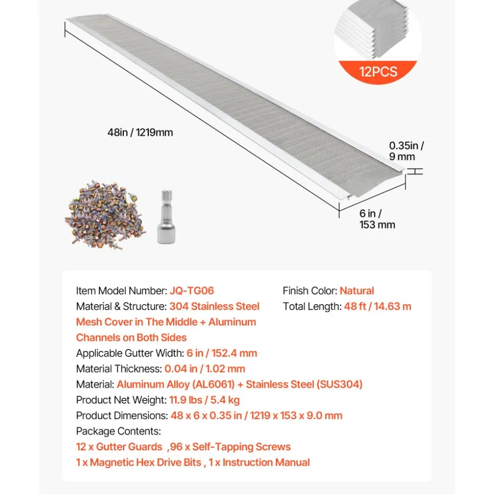 VEVOR Gutter Guard, 6 in Aluminum Gutter Cover with Stainless Steel Micro Mesh, Heavy-Duty 48ft Length, 0.04in Thick, Leaf Guard for Debris and Pine Needles, Easy DIY Install, Screws Included, 12 PCS