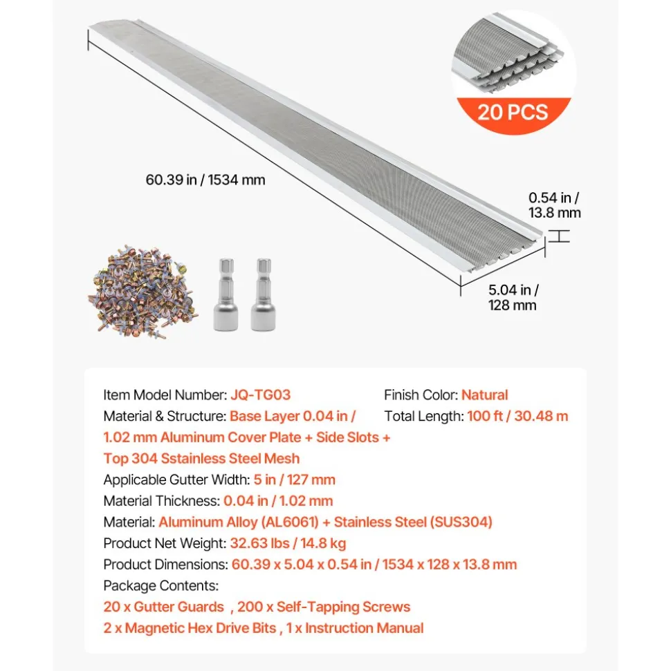 VEVOR Gutter Guard, 5 in Aluminum Gutter Cover with Stainless Steel Micro Mesh, Heavy-Duty 100ft Length, 0.04in Thick, Leaf Guard for Debris and Pine Needles, Easy DIY Install, Screws Included, 20 PCS