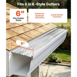VEVOR Gutter Guard, 6 in Aluminum Gutter Cover Heavy-Duty, 52ft Length Protection Cover for Leaf & Debris, 0.02 in Thickness Mill Finish, Easy DIY Install, Fast Drainage, Screws Included, 13 PCS
