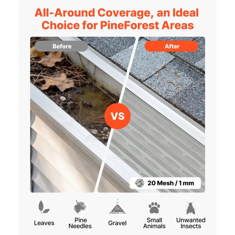 VEVOR Gutter Guard, 6 in Aluminum Gutter Cover with Stainless Steel Micro Mesh, Heavy-Duty 100ft Length, 0.04in Thick, Leaf Guard for Debris and Pine Needles, Easy DIY Install, Screws Included, 20 PCS