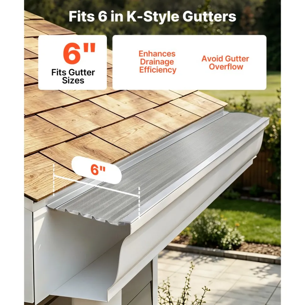 VEVOR Gutter Guard, 6 in Aluminum Gutter Cover with Stainless Steel Micro Mesh, Heavy-Duty 100ft Length, 0.04in Thick, Leaf Guard for Debris and Pine Needles, Easy DIY Install, Screws Included, 20 PCS