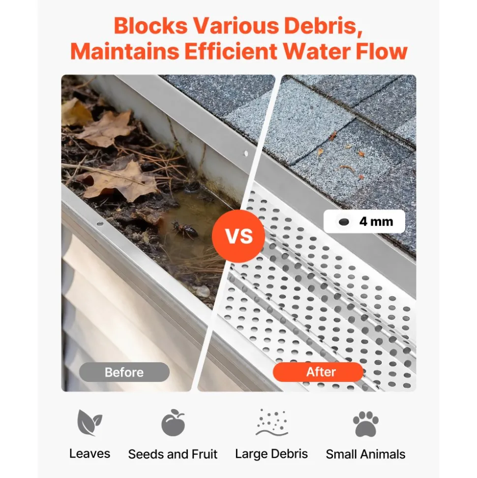 VEVOR Gutter Guard, 5 inch Aluminum Gutter Cover Heavy-Duty, 32ft Length Protection Cover for Leaf & Debris, 0.02 in Thickness Mill Finish, Easy DIY Install, Fast Drainage, Screws Included, 8 PCS