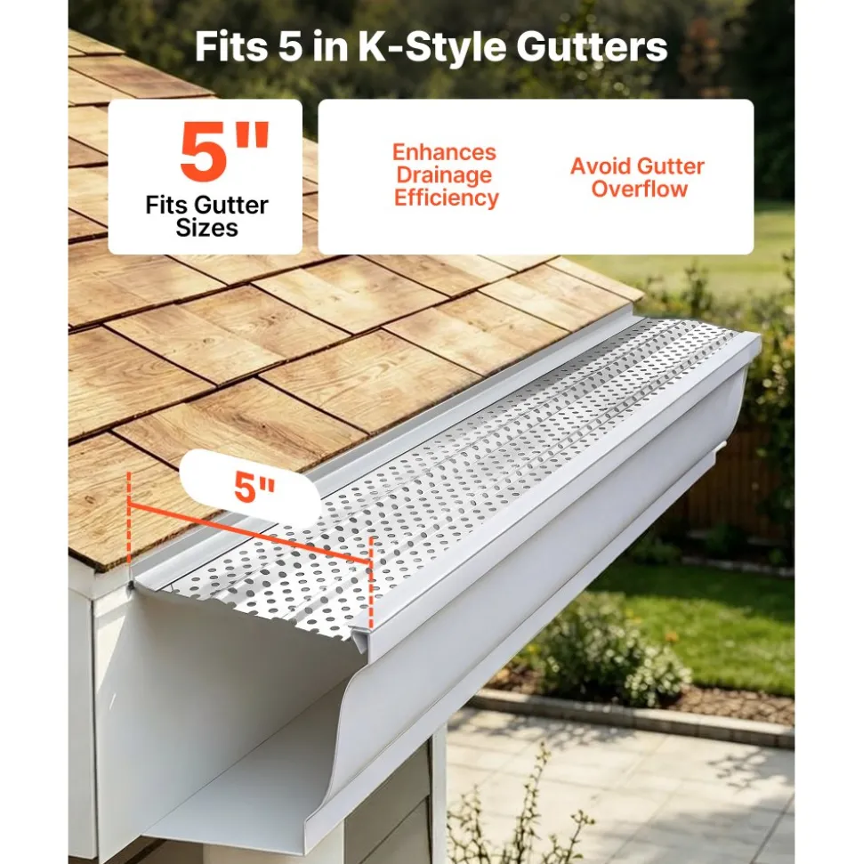 VEVOR Gutter Guard, 5 inch Aluminum Gutter Cover Heavy-Duty, 32ft Length Protection Cover for Leaf & Debris, 0.02 in Thickness Mill Finish, Easy DIY Install, Fast Drainage, Screws Included, 8 PCS