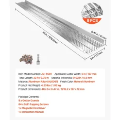 VEVOR Gutter Guard, 5 inch Aluminum Gutter Cover Heavy-Duty, 32ft Length Protection Cover for Leaf & Debris, 0.02 in Thickness Mill Finish, Easy DIY Install, Fast Drainage, Screws Included, 8 PCS