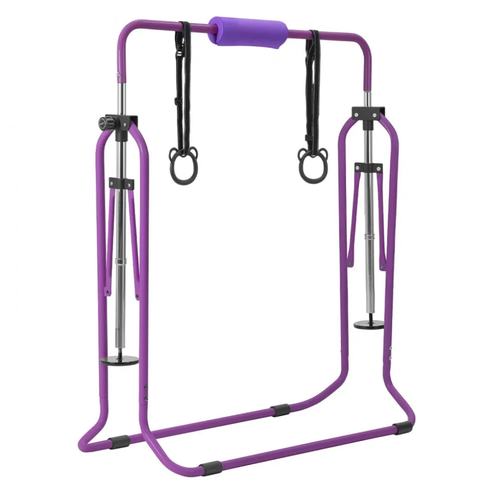 VEVOR Gymnastic Bars for Kids, 140 lbs Capacity Folding Training Kip Bar with Mat, Adjustable Height Gymnastic Horizontal Bar for Home, Training Equipment for Indoor Outdoor, Easy to Assemble, Purple