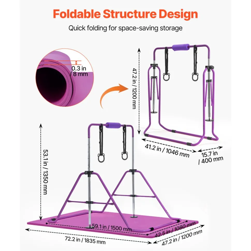 VEVOR Gymnastic Bars for Kids, 140 lbs Capacity Folding Training Kip Bar with Mat, Adjustable Height Gymnastic Horizontal Bar for Home, Training Equipment for Indoor Outdoor, Easy to Assemble, Purple