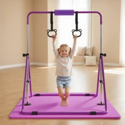 VEVOR Gymnastic Bars for Kids, 140 lbs Capacity Folding Training Kip Bar with Mat, Adjustable Height Gymnastic Horizontal Bar for Home, Training Equipment for Indoor Outdoor, Easy to Assemble, Purple