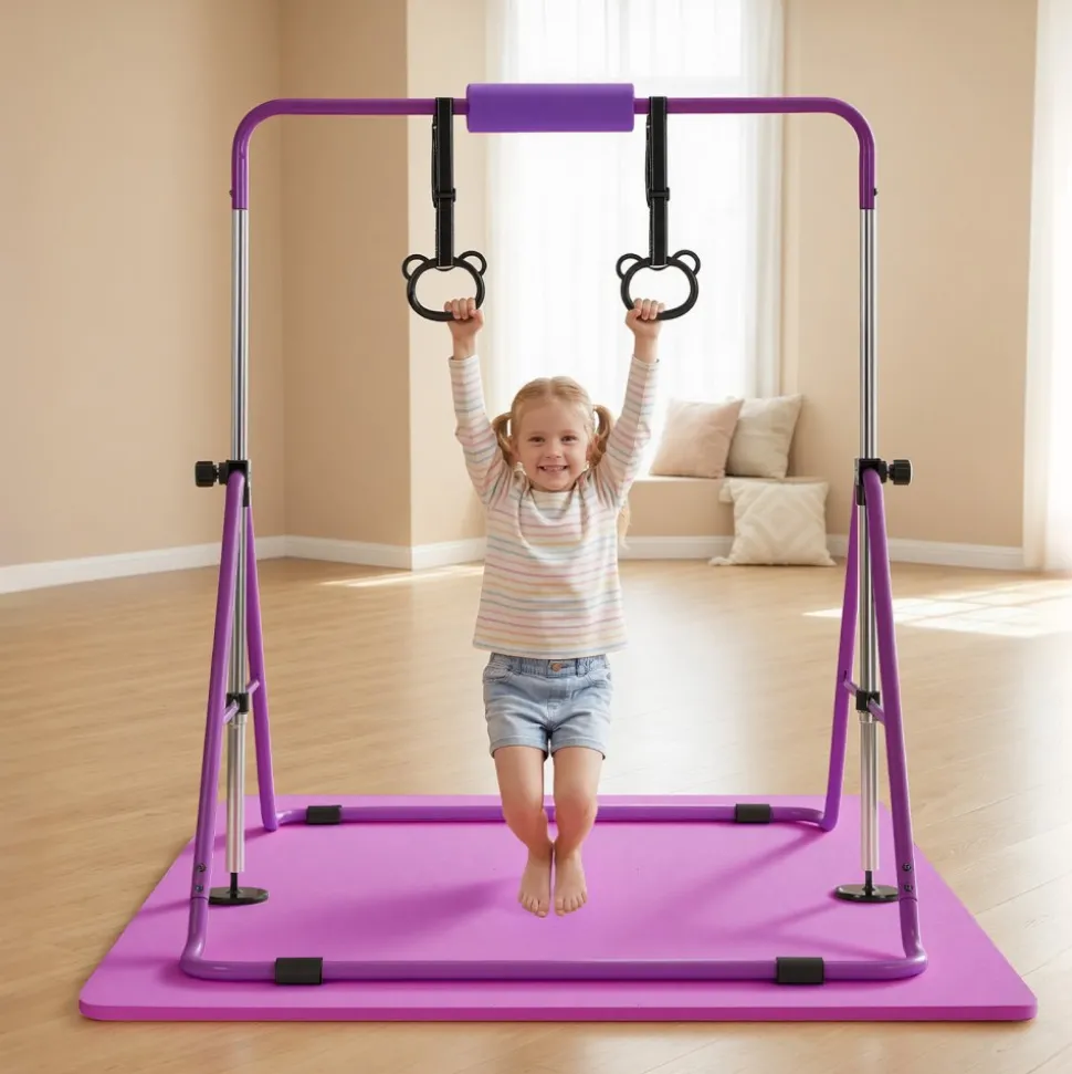 VEVOR Gymnastic Bars for Kids, 140 lbs Capacity Folding Training Kip Bar with Mat, Adjustable Height Gymnastic Horizontal Bar for Home, Training Equipment for Indoor Outdoor, Easy to Assemble, Purple