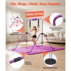 VEVOR Gymnastic Bars for Kids, 140 lbs Capacity Folding Training Kip Bar with Mat, Adjustable Height Gymnastic Horizontal Bar for Home, Training Equipment for Indoor Outdoor, Easy to Assemble, Purple