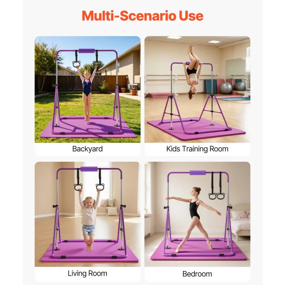 VEVOR Gymnastic Bars for Kids, 140 lbs Capacity Folding Training Kip Bar with Mat, Adjustable Height Gymnastic Horizontal Bar for Home, Training Equipment for Indoor Outdoor, Easy to Assemble, Purple