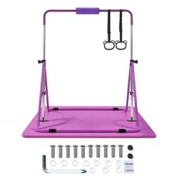 VEVOR Gymnastic Bars for Kids, 140 lbs Capacity Folding Training Kip Bar with Mat, Adjustable Height Gymnastic Horizontal Bar for Home, Training Equipment for Indoor Outdoor, Easy to Assemble, Purple
