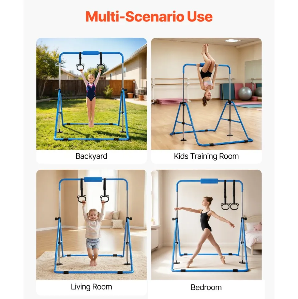 VEVOR Gymnastic Bars for Kids, 140 lbs Capacity Folding Training Kip Bar, Adjustable Height Gymnastic Horizontal Bar for Home, Training Equipment for Indoor and Outdoor, Easy to Assemble, Blue