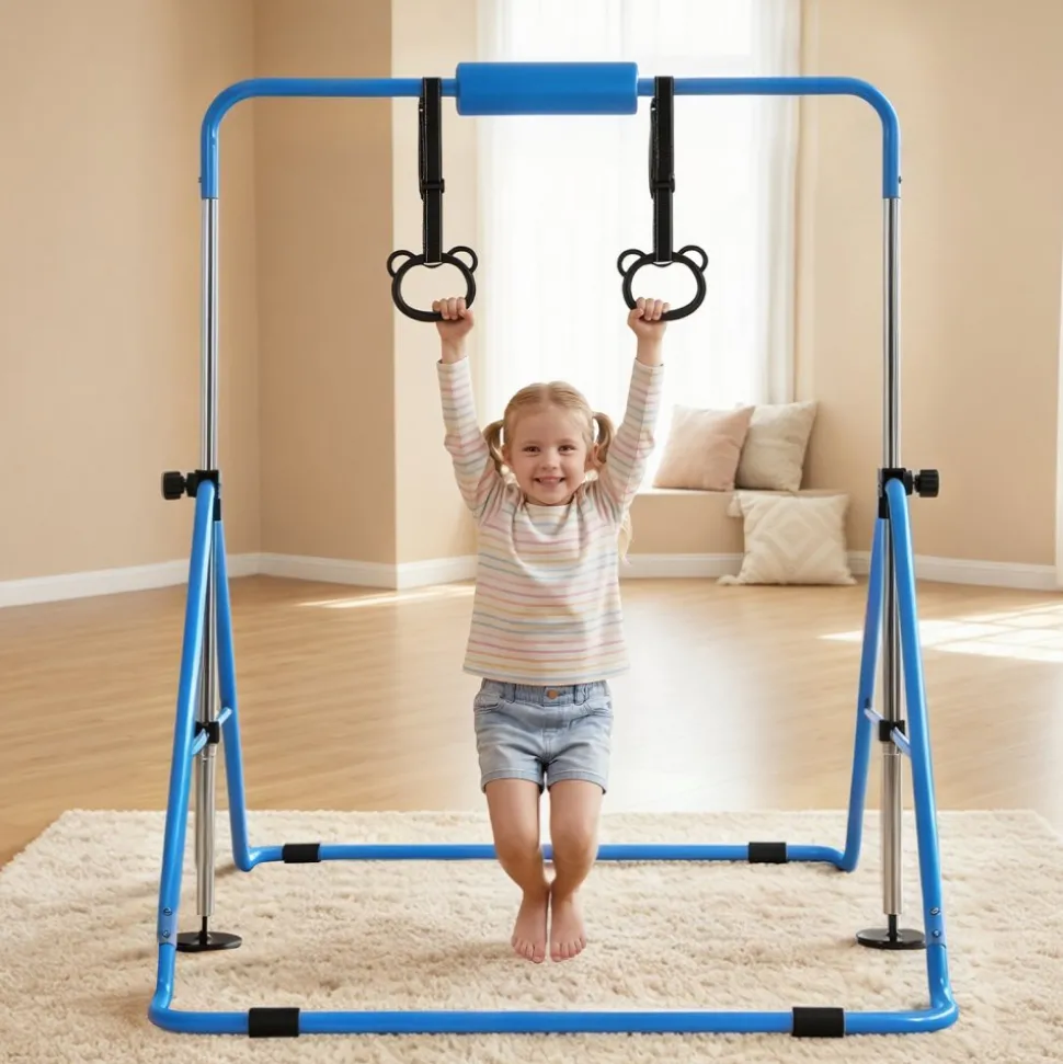 VEVOR Gymnastic Bars for Kids, 140 lbs Capacity Folding Training Kip Bar, Adjustable Height Gymnastic Horizontal Bar for Home, Training Equipment for Indoor and Outdoor, Easy to Assemble, Blue