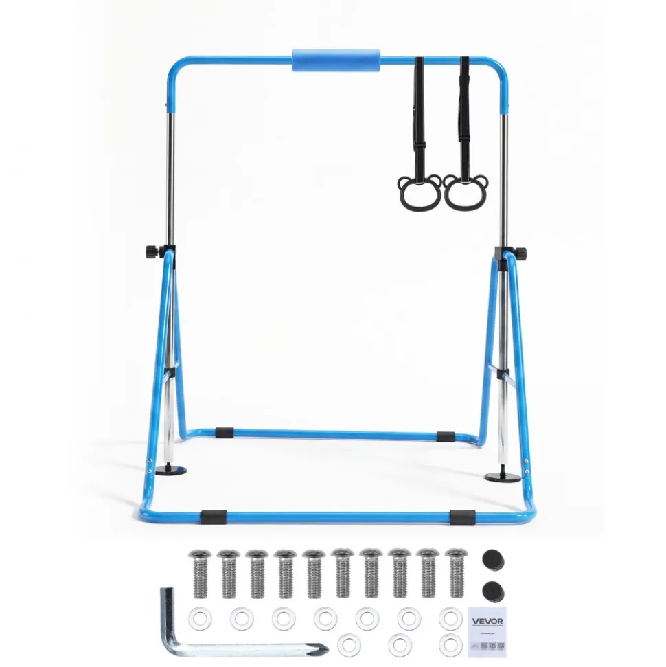 VEVOR Gymnastic Bars for Kids, 140 lbs Capacity Folding Training Kip Bar, Adjustable Height Gymnastic Horizontal Bar for Home, Training Equipment for Indoor and Outdoor, Easy to Assemble, Blue