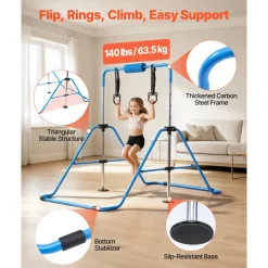 VEVOR Gymnastic Bars for Kids, 140 lbs Capacity Folding Training Kip Bar, Adjustable Height Gymnastic Horizontal Bar for Home, Training Equipment for Indoor and Outdoor, Easy to Assemble, Blue