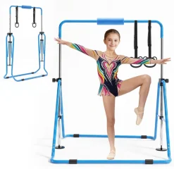 VEVOR Gymnastic Bars for Kids, 140 lbs Capacity Folding Training Kip Bar, Adjustable Height Gymnastic Horizontal Bar for Home, Training Equipment for Indoor and Outdoor, Easy to Assemble, Blue