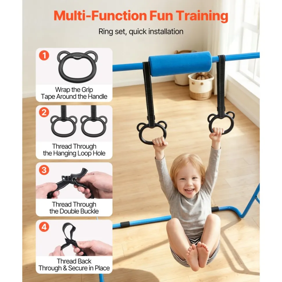 VEVOR Gymnastic Bars for Kids, 140 lbs Capacity Folding Training Kip Bar, Adjustable Height Gymnastic Horizontal Bar for Home, Training Equipment for Indoor and Outdoor, Easy to Assemble, Blue