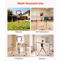 VEVOR Gymnastic Bars for Kids, 140 lbs Capacity Folding Training Kip Bar with Mat, Adjustable Height Gymnastic Horizontal Bar for Home, Training Equipment for Indoor Outdoor, Easy to Assemble, Blue