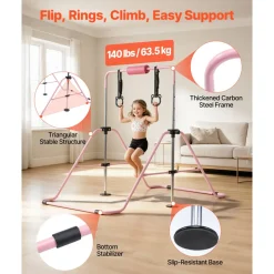VEVOR Gymnastic Bars for Kids, 140 lbs Capacity Folding Training Kip Bar with Mat, Adjustable Height Gymnastic Horizontal Bar for Home, Training Equipment for Indoor Outdoor, Easy to Assemble, Blue