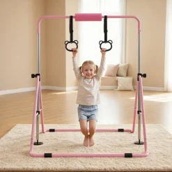 VEVOR Gymnastic Bars for Kids, 140 lbs Capacity Folding Training Kip Bar with Mat, Adjustable Height Gymnastic Horizontal Bar for Home, Training Equipment for Indoor Outdoor, Easy to Assemble, Blue