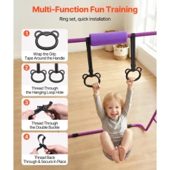 VEVOR Gymnastic Bars for Kids, 140 lbs Capacity Folding Training Kip Bar, Adjustable Height Gymnastic Horizontal Bar for Home, Training Equipment for Indoor and Outdoor, Easy to Assemble, Purple