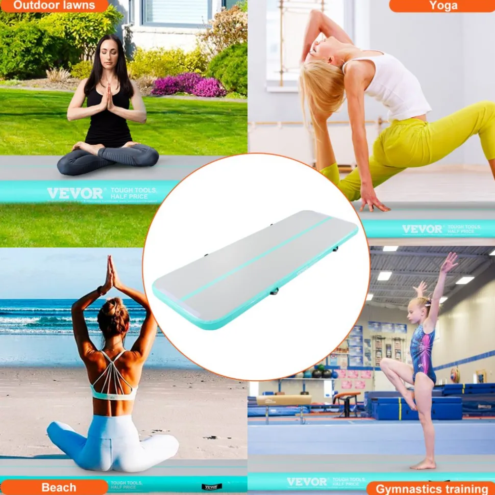 VEVOR Gymnastics Air Mat, 4 inch Thickness Inflatable Gymnastics Tumbling Mat, Tumble Track with Electric Pump, Training Mats for Home Use/Gym/Yoga/Cheerleading/Beach/Park/Water, 10 ft, Mint Green