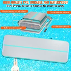 VEVOR Gymnastics Air Mat, 4 inch Thickness Inflatable Gymnastics Tumbling Mat, Tumble Track with Electric Pump, Training Mats for Home Use/Gym/Yoga/Cheerleading/Beach/Park/Water, 10 ft, Mint Green
