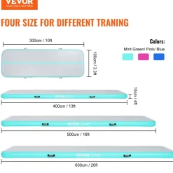 VEVOR Gymnastics Air Mat, 4 inch Thickness Inflatable Gymnastics Tumbling Mat, Tumble Track with Electric Pump, Training Mats for Home Use/Gym/Yoga/Cheerleading/Beach/Park/Water, 10 ft, Mint Green