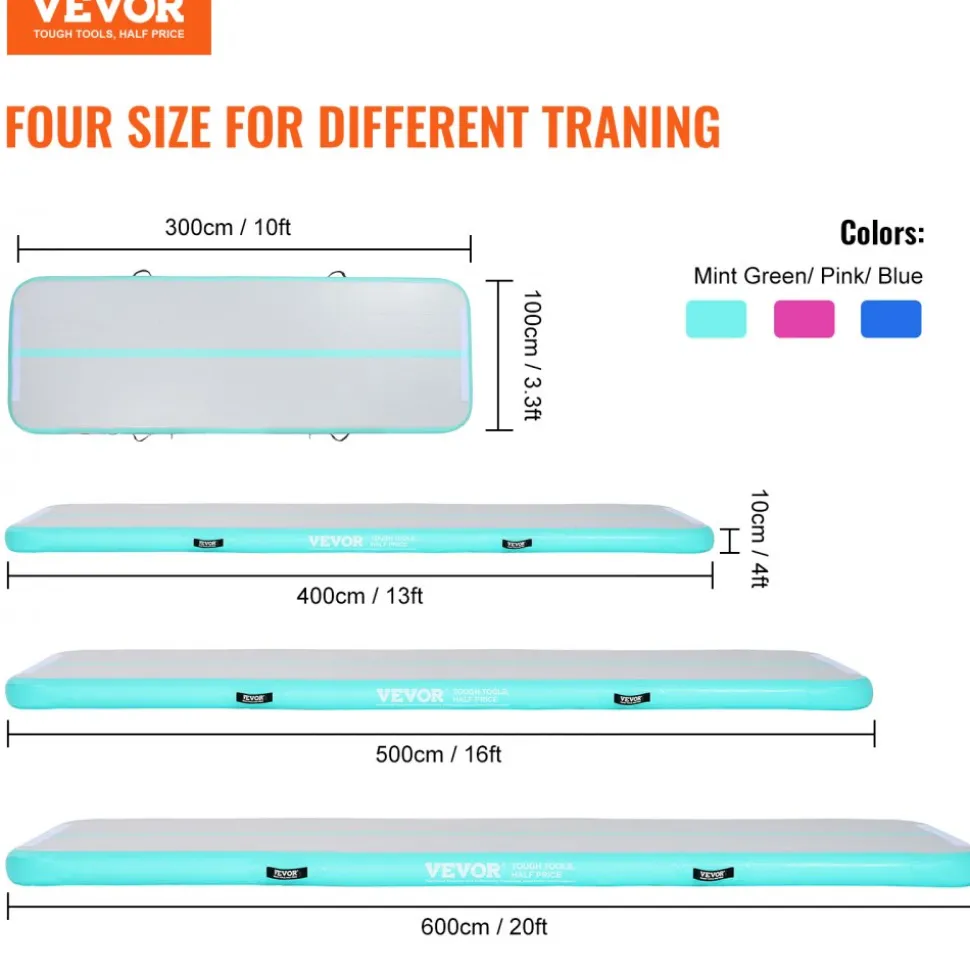 VEVOR Gymnastics Air Mat, 4 inch Thickness Inflatable Gymnastics Tumbling Mat, Tumble Track with Electric Pump, Training Mats for Home Use/Gym/Yoga/Cheerleading/Beach/Park/Water, 10 ft, Mint Green