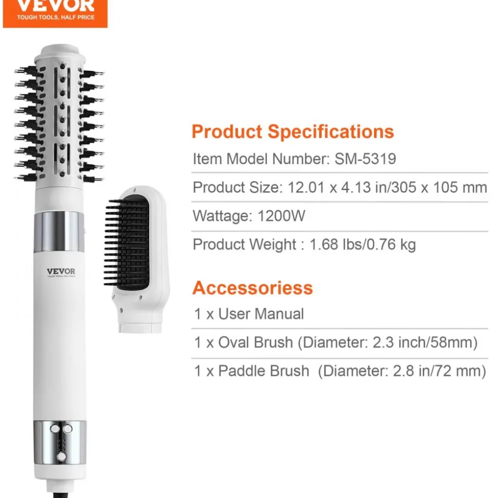 VEVOR Hair Dryer Styler, Ionic Hair Dryer Brush, 110,000RPM High-Speed Hot Air Styler with Brushless Motor, Oval & Paddle Brush, Blow Dryer Brush Styling Tool for Fast Drying Volumizing Straightening