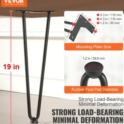 VEVOR 19" Hairpin Furniture Legs, Metal Home DIY Projects for Nightstand, Coffee Table, Desk, 500lbs Load Capacity with Rubber Floor Protectors, Metal Heavy Duty Sturdy Modern Table Legs, 4PCS Black