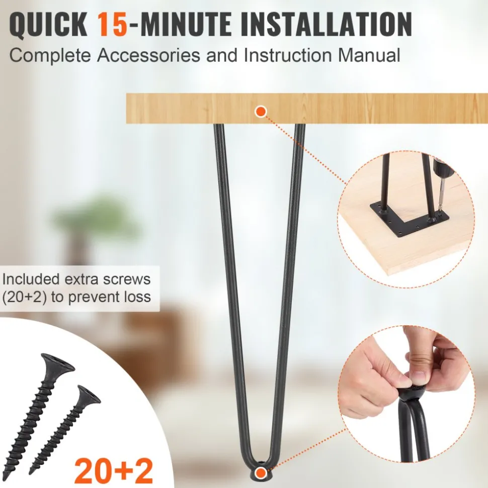 VEVOR 19" Hairpin Furniture Legs, Metal Home DIY Projects for Nightstand, Coffee Table, Desk, 500lbs Load Capacity with Rubber Floor Protectors, Metal Heavy Duty Sturdy Modern Table Legs, 4PCS Black