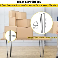 VEVOR Hairpin Table Legs 24" Black Set of 4 Desk Legs 880lbs Load Capacity (Each 220lbs) Hairpin Desk Legs 3 Rods for Bench Desk Dining End Table Chairs Carbon Steel DIY Heavy Duty Furniture Legs