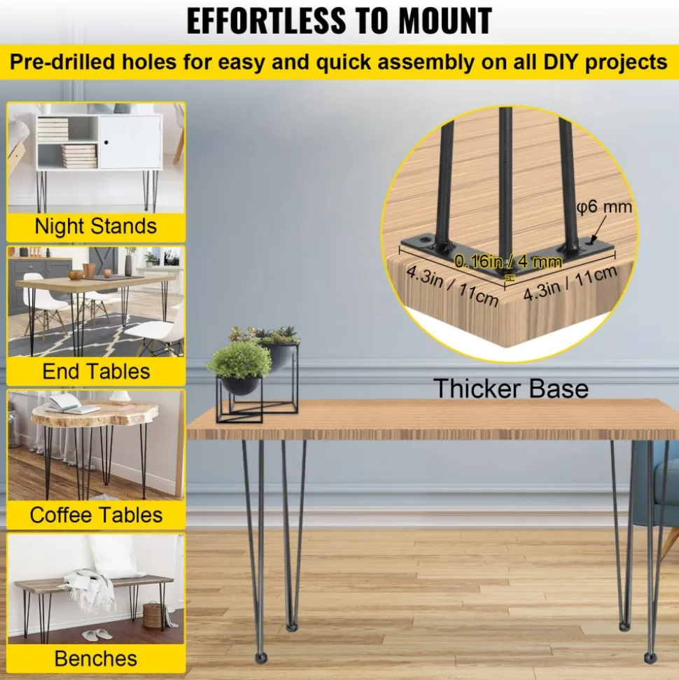 VEVOR Hairpin Table Legs 24" Black Set of 4 Desk Legs 880lbs Load Capacity (Each 220lbs) Hairpin Desk Legs 3 Rods for Bench Desk Dining End Table Chairs Carbon Steel DIY Heavy Duty Furniture Legs