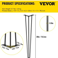 VEVOR Hairpin Table Legs 30" Black Set of 4 Desk Legs 880lbs Load Capacity (Each 220lbs) Hairpin Desk Legs 3 Rods for Bench Desk Dining End Table Chairs Carbon Steel DIY Heavy Duty Furniture Legs