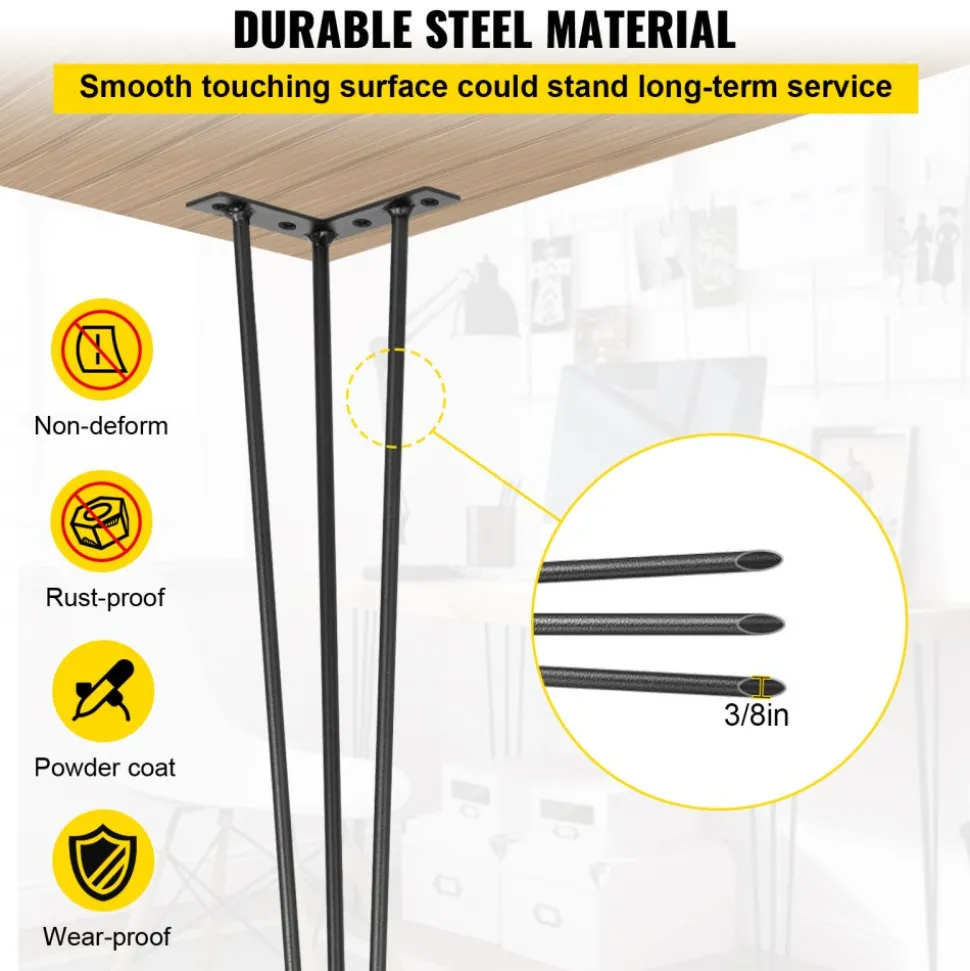 VEVOR Hairpin Table Legs 22" Black Set of 4 Desk Legs 880lbs Load Capacity (Each 220lbs) Hairpin Desk Legs 3 Rods for Bench Desk Dining End Table Chairs Carbon Steel DIY Heavy Duty Furniture Legs