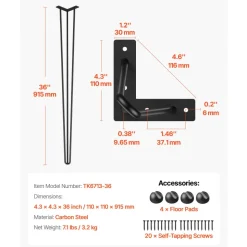 VEVOR Hairpin Table Legs 36 in Black Set of 4 Desk Legs 220 lbs Load Capacity Each Leg Hairpin Desk Legs 3 Rods for Bench Desk Dining End Table Chairs Carbon Steel DIY Heavy Duty Furniture Legs