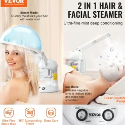 VEVOR Hair Steamer, 2-in-1 Professional Hair & Facial Steamer with Detachable Bonnet Hood, Nano Ionic & UV Ozone Face Steamer with 360° Rotatable Sprayer for Salon Spa Home Beauty