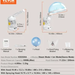 VEVOR Hair Steamer, 2-in-1 Professional Hair & Facial Steamer with Detachable Bonnet Hood, Nano Ionic & UV Ozone Face Steamer with 360° Rotatable Sprayer for Salon Spa Home Beauty