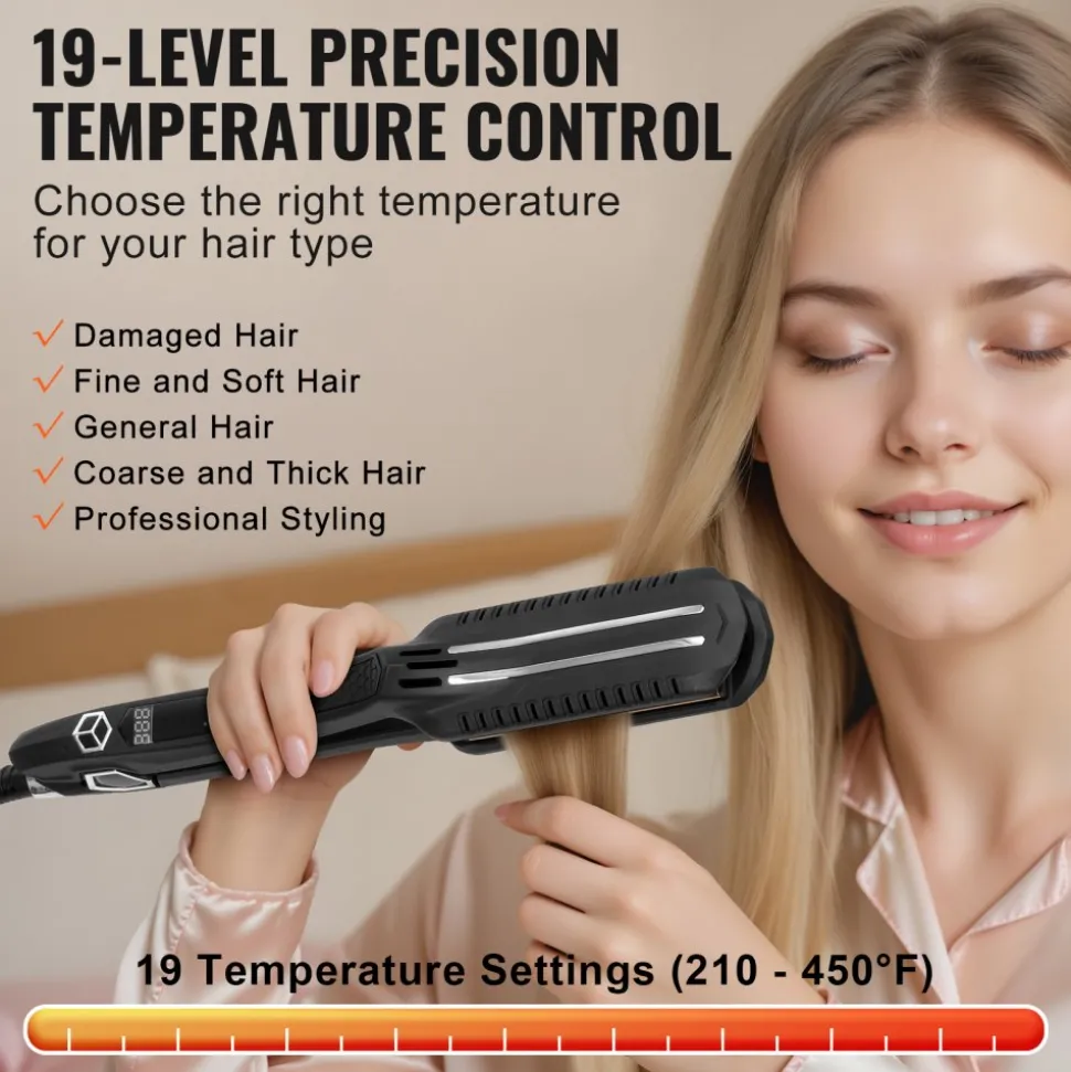VEVOR Hair Straightener, 1.5-inch Titanium Flat Iron, Dual Infrared Hair Straightener Flat Iron with LCD Display and 19 Temp Levels - 210°F to 450°F, Fast Heating Hair Iron for Salon Home Travel Use