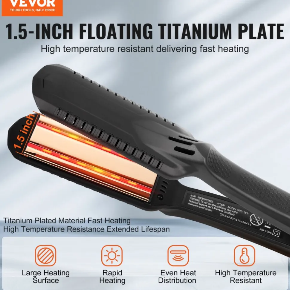 VEVOR Hair Straightener, 1.5-inch Titanium Flat Iron, Dual Infrared Hair Straightener Flat Iron with LCD Display and 19 Temp Levels - 210°F to 450°F, Fast Heating Hair Iron for Salon Home Travel Use