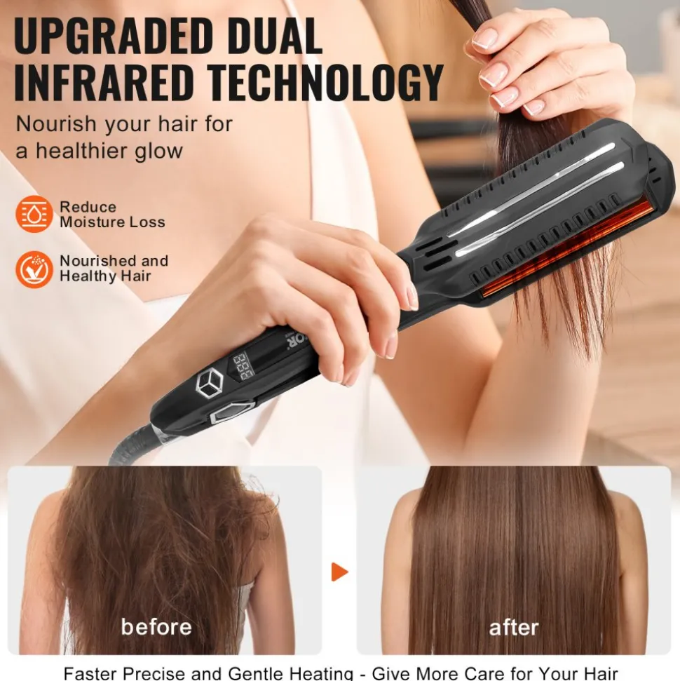 VEVOR Hair Straightener, 1.5-inch Titanium Flat Iron, Dual Infrared Hair Straightener Flat Iron with LCD Display and 19 Temp Levels - 210°F to 450°F, Fast Heating Hair Iron for Salon Home Travel Use