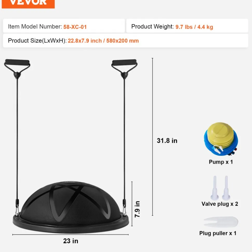 VEVOR Half Exercise Ball Trainer, 23 inch Balance Ball Trainer, 660 lbs Capacity Stability Ball, Yoga Ball with Resistance Bands and Pump, Strength Fitness Ball for Home Gym, Full Body Workouts, Black