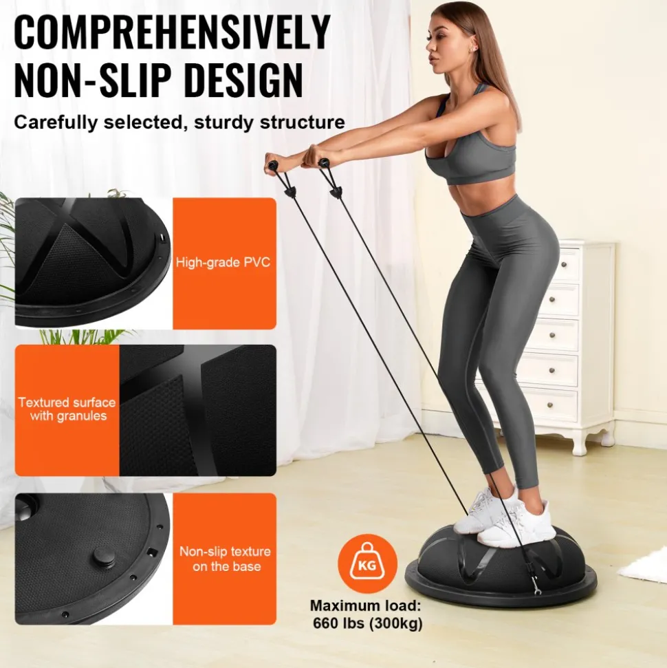 VEVOR Half Exercise Ball Trainer, 23 inch Balance Ball Trainer, 660 lbs Capacity Stability Ball, Yoga Ball with Resistance Bands and Pump, Strength Fitness Ball for Home Gym, Full Body Workouts, Black