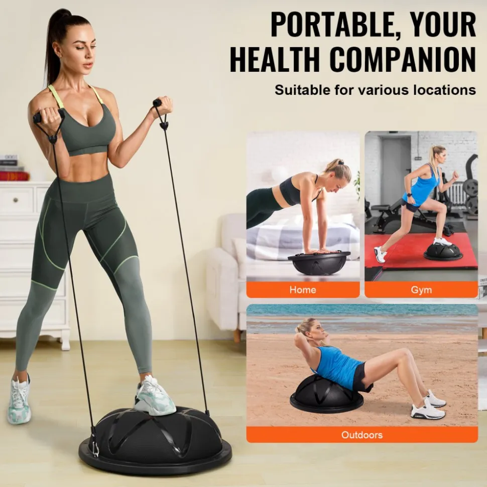 VEVOR Half Exercise Ball Trainer, 23 inch Balance Ball Trainer, 660 lbs Capacity Stability Ball, Yoga Ball with Resistance Bands and Pump, Strength Fitness Ball for Home Gym, Full Body Workouts, Black