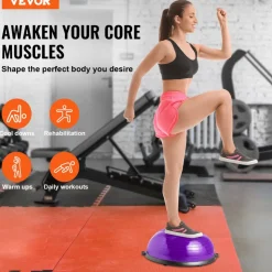 VEVOR Half Exercise Ball Trainer, 23 inch Balance Ball Trainer, 660lbs Stability Ball, Yoga Ball with Resistance Bands & Foot Pump, Strength Fitness Ball for Home Gym, Full Body Workout, Purple
