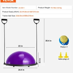 VEVOR Half Exercise Ball Trainer, 23 inch Balance Ball Trainer, 660 lbs Capacity Stability Ball, Yoga Ball with Resistance Bands and Pump, Strength Fitness Ball for Home Gym, Full Body Workouts, Blue