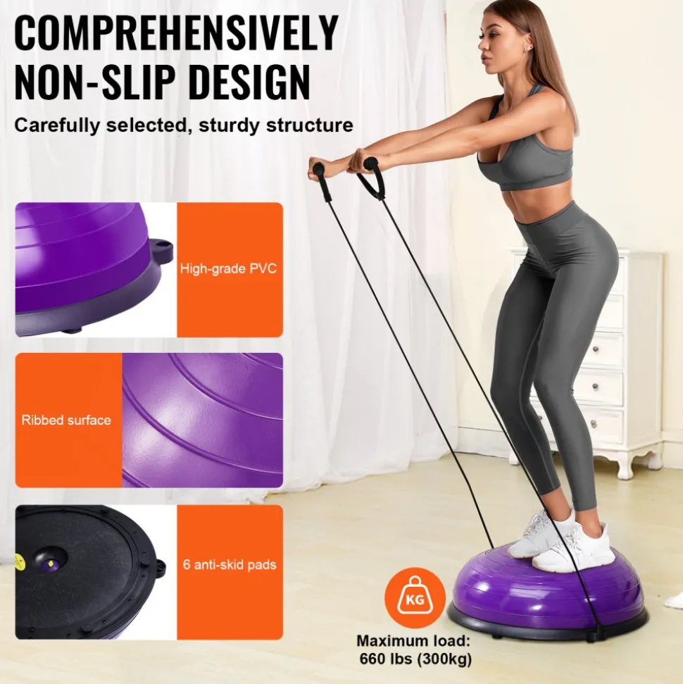 VEVOR Half Exercise Ball Trainer, 23 inch Balance Ball Trainer, 660 lbs Capacity Stability Ball, Yoga Ball with Resistance Bands and Pump, Strength Fitness Ball for Home Gym, Full Body Workouts, Blue
