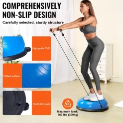VEVOR Half Exercise Ball Trainer, 23 inch Balance Ball Trainer, 660lbs Capacity Stability Ball, Yoga Ball with Resistance Bands & Foot Pump, Strength Fitness Ball for Home Gym, Full Body Workout, Blue